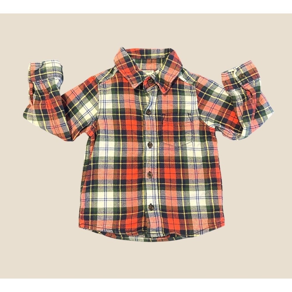 Carters Toddler Boys Red Green Plaid Flannel Button Down Shirt 18 Months 1526